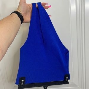 one shoulder blue crop tank